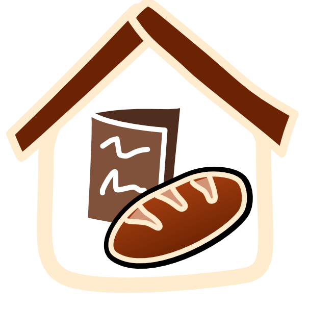 There is a loaf of bread sitting in front of a menu inside an off white house-shaped frame with a brown roof. The menu is represented by a folded brown paper standing upright with two squiggly lines representing text on the front. The image has light line art.